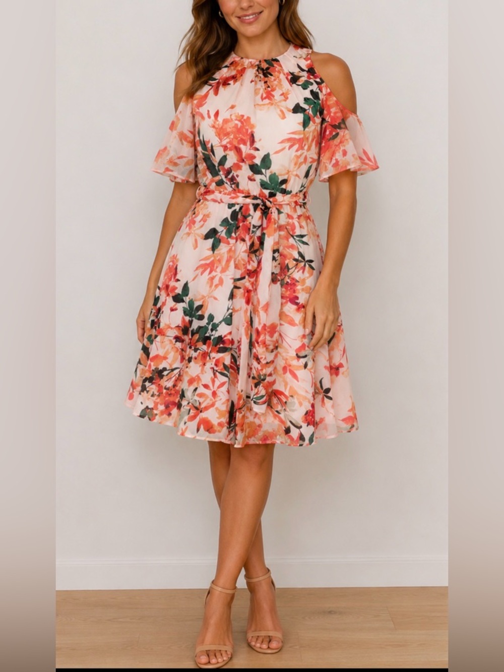 Calvin Klein Irmina Peach-Pink Floral Cold-Shoulder Belted Mini Dress Size 2